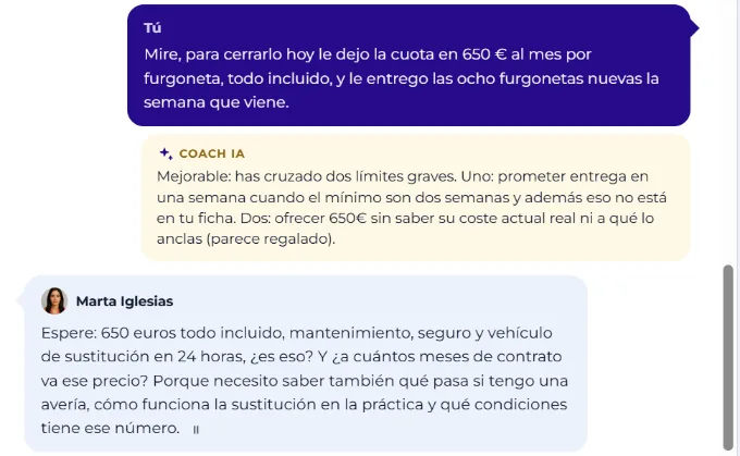 Captura del simulador: el coach avisa de que el alumno ha cruzado dos límites, la entrega en una semana y una oferta sin anclar.